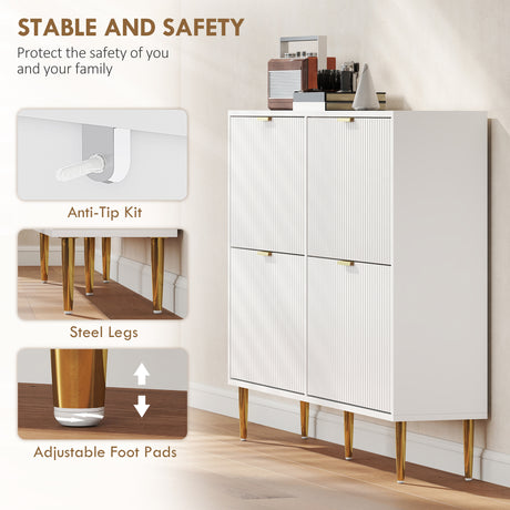 Wooden Shoe Storage Cabinet 105cm Wide With 4 Flip Doors And Gold Legs - Velmora