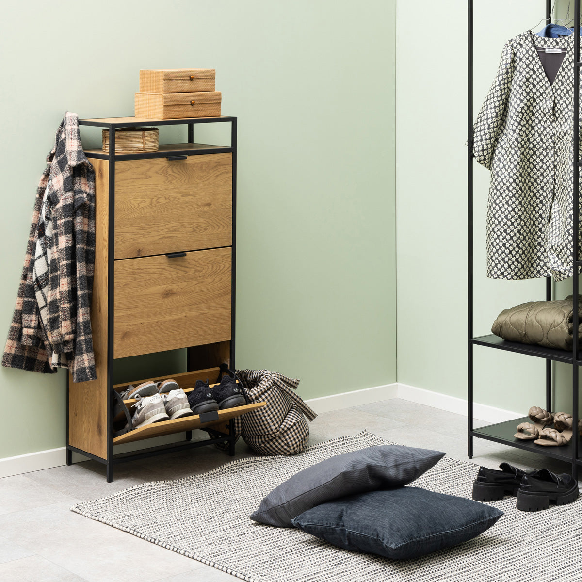 Wooden Shoe Storage Cabinet With 3 Flip Down Doors - Seaford