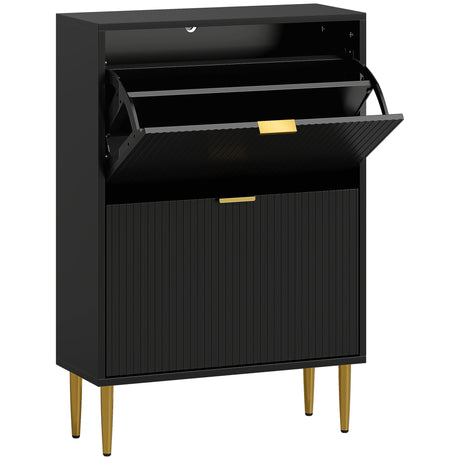 Wooden Shoe Storage Cabinet 60cm Wide With 2 Flip Doors And Gold Legs - Velmora