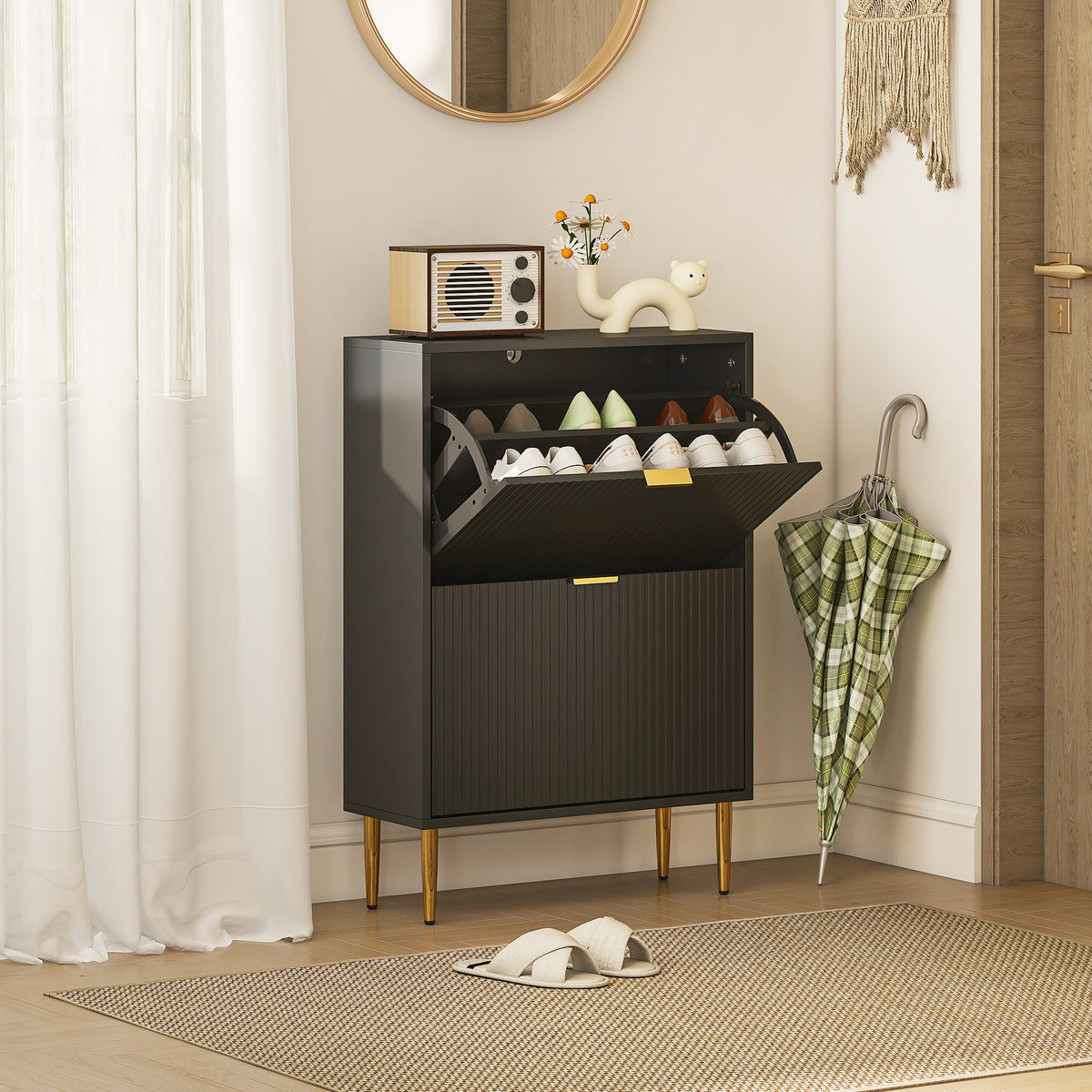 Wooden Shoe Storage Cabinet 60cm Wide With 2 Flip Doors And Gold Legs - Velmora