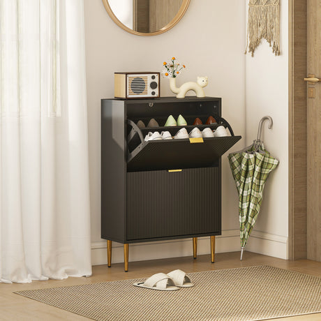 Wooden Shoe Storage Cabinet 60cm Wide With 2 Flip Doors And Gold Legs - Velmora