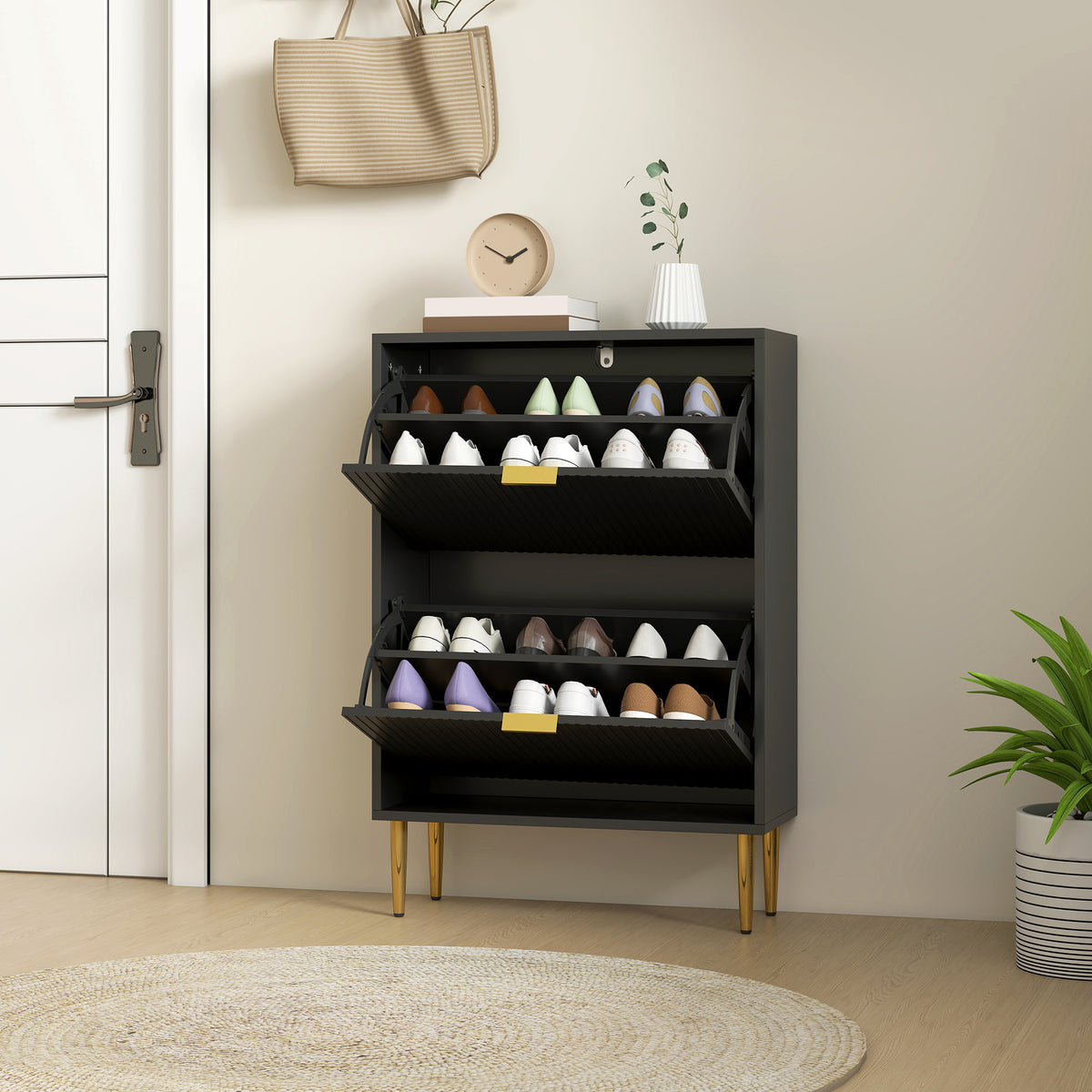 Wooden Shoe Storage Cabinet 60cm Wide With 2 Flip Doors And Gold Legs - Velmora