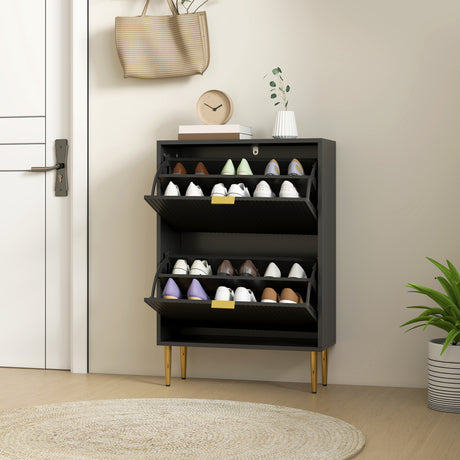 Wooden Shoe Storage Cabinet 60cm Wide With 2 Flip Doors And Gold Legs - Velmora