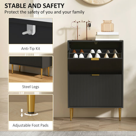 Wooden Shoe Storage Cabinet 60cm Wide With 2 Flip Doors And Gold Legs - Velmora