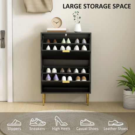 Wooden Shoe Storage Cabinet 60cm Wide With 2 Flip Doors And Gold Legs - Velmora