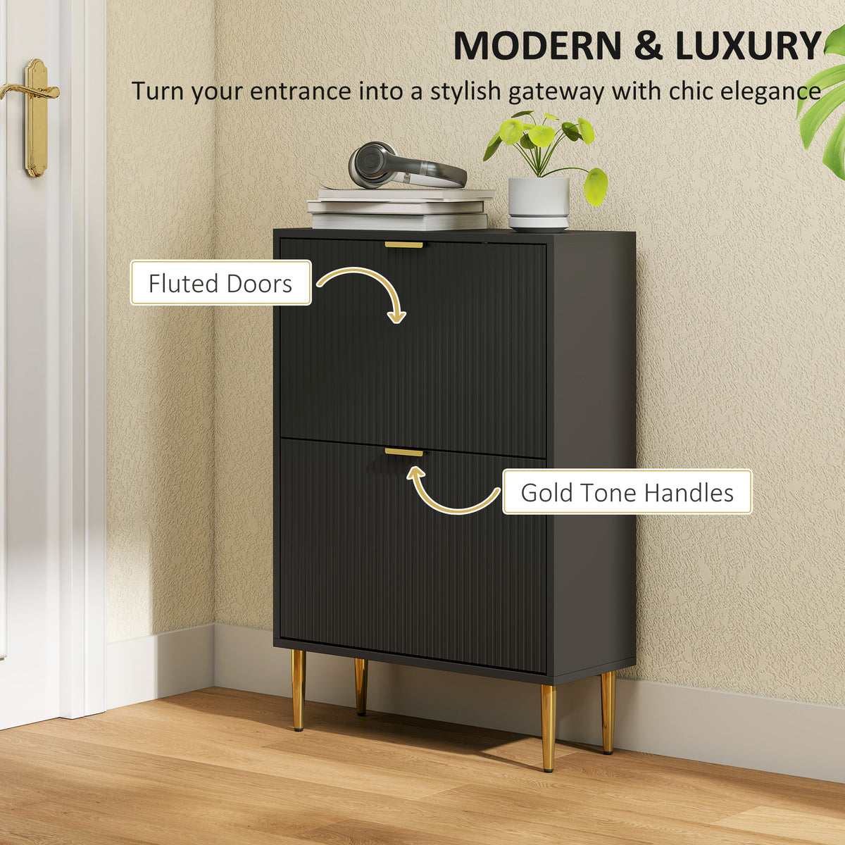 Wooden Shoe Storage Cabinet 60cm Wide With 2 Flip Doors And Gold Legs - Velmora