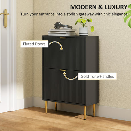 Wooden Shoe Storage Cabinet 60cm Wide With 2 Flip Doors And Gold Legs - Velmora
