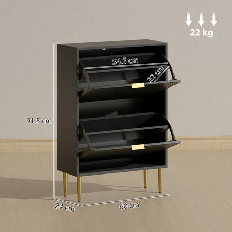 Wooden Shoe Storage Cabinet 60cm Wide With 2 Flip Doors And Gold Legs - Velmora