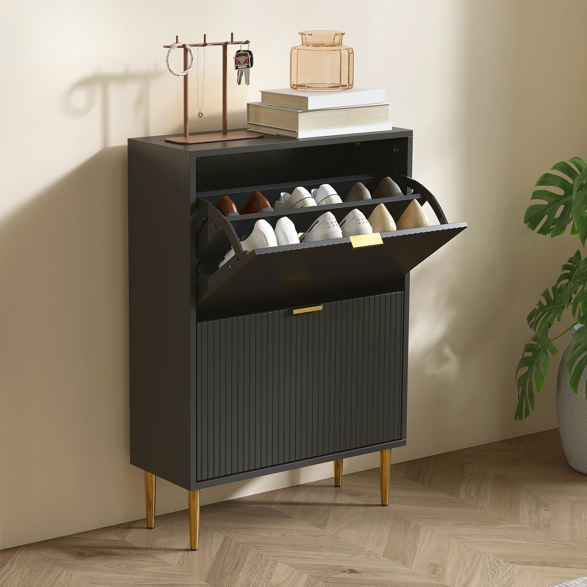 Wooden Shoe Storage Cabinet 60cm Wide With 2 Flip Doors And Gold Legs - Velmora