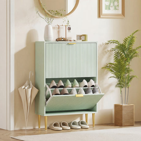 Wooden Shoe Storage Cabinet 60cm Wide With 2 Flip Doors And Gold Legs - Velmora
