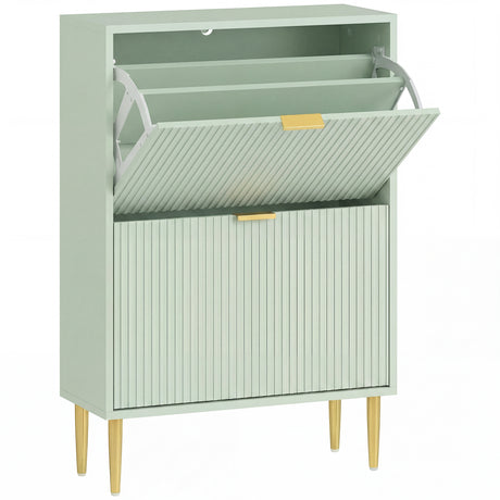 Wooden Shoe Storage Cabinet 60cm Wide With 2 Flip Doors And Gold Legs - Velmora