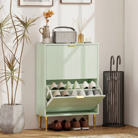 Wooden Shoe Storage Cabinet 60cm Wide With 2 Flip Doors And Gold Legs - Velmora
