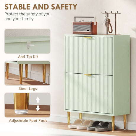 Wooden Shoe Storage Cabinet 60cm Wide With 2 Flip Doors And Gold Legs - Velmora