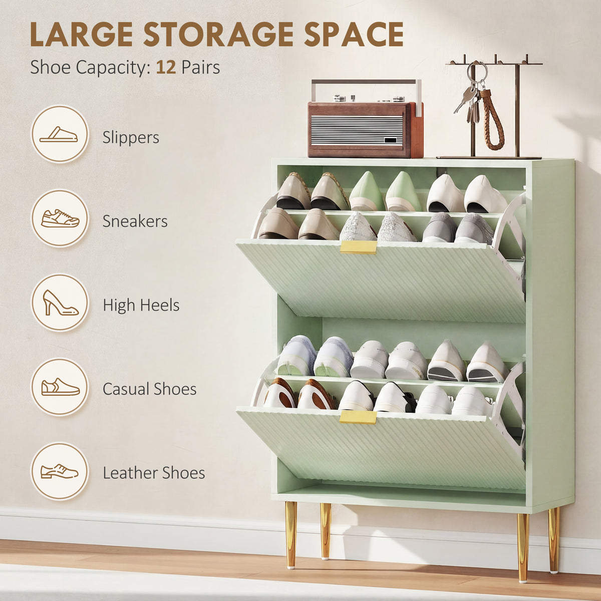Wooden Shoe Storage Cabinet 60cm Wide With 2 Flip Doors And Gold Legs - Velmora