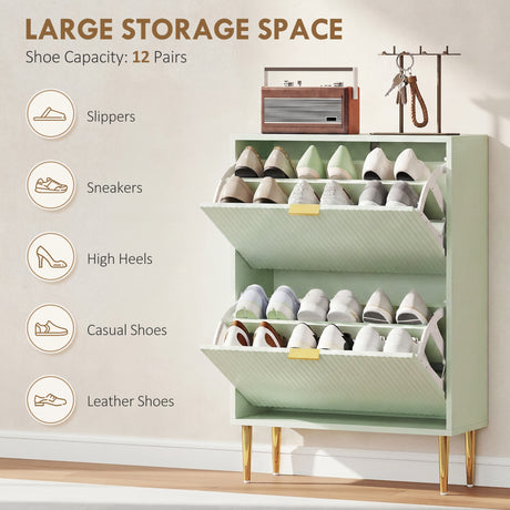Wooden Shoe Storage Cabinet 60cm Wide With 2 Flip Doors And Gold Legs - Velmora