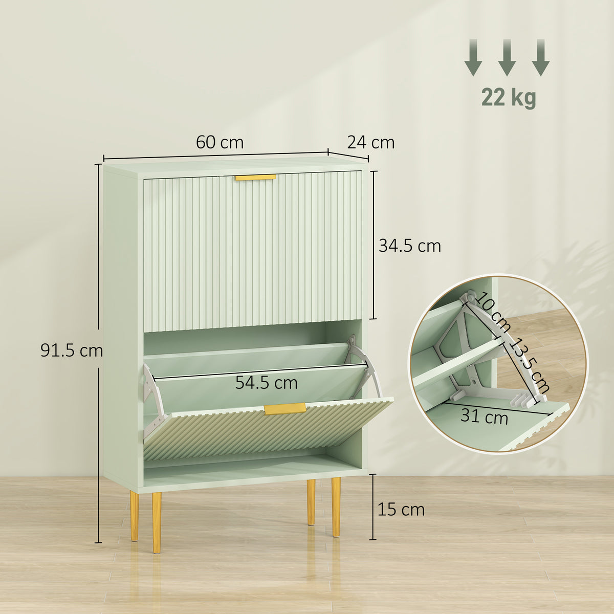 Wooden Shoe Storage Cabinet 60cm Wide With 2 Flip Doors And Gold Legs - Velmora
