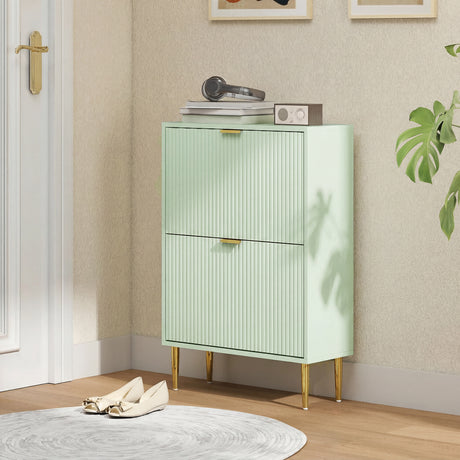 Wooden Shoe Storage Cabinet 60cm Wide With 2 Flip Doors And Gold Legs - Velmora
