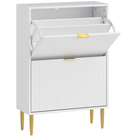 Wooden Shoe Storage Cabinet 60cm Wide With 2 Flip Doors And Gold Legs - Velmora