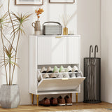 Wooden Shoe Storage Cabinet 60cm Wide With 2 Flip Doors And Gold Legs - Velmora