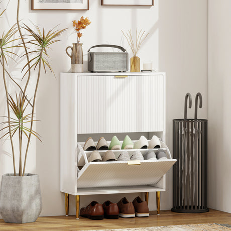 Wooden Shoe Storage Cabinet 60cm Wide With 2 Flip Doors And Gold Legs - Velmora