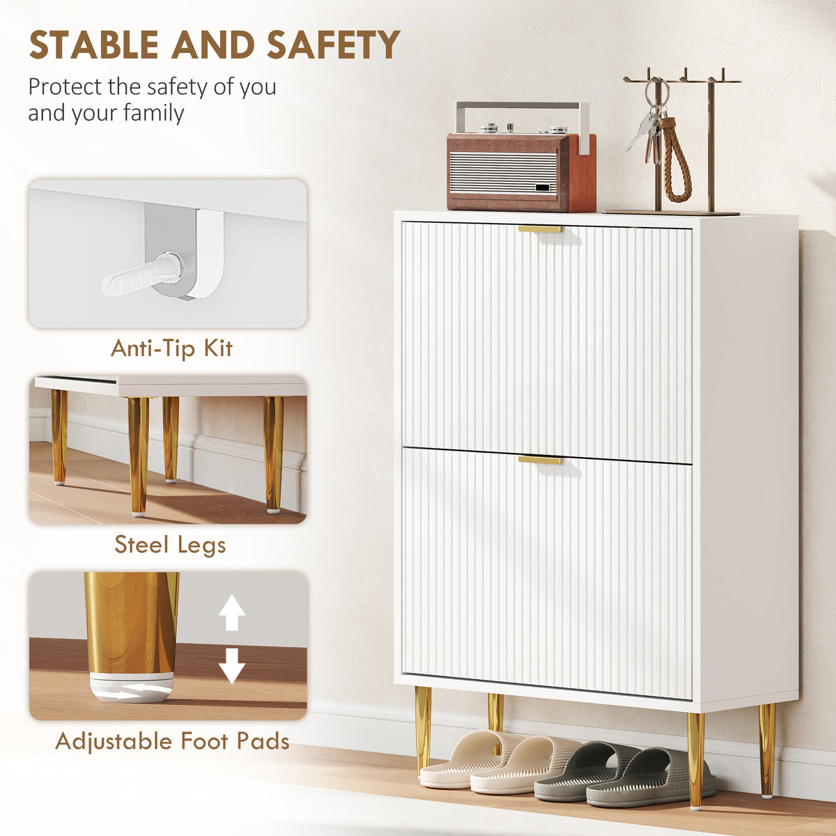 Wooden Shoe Storage Cabinet 60cm Wide With 2 Flip Doors And Gold Legs - Velmora