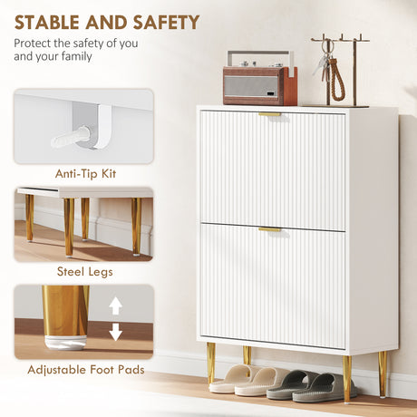 Wooden Shoe Storage Cabinet 60cm Wide With 2 Flip Doors And Gold Legs - Velmora