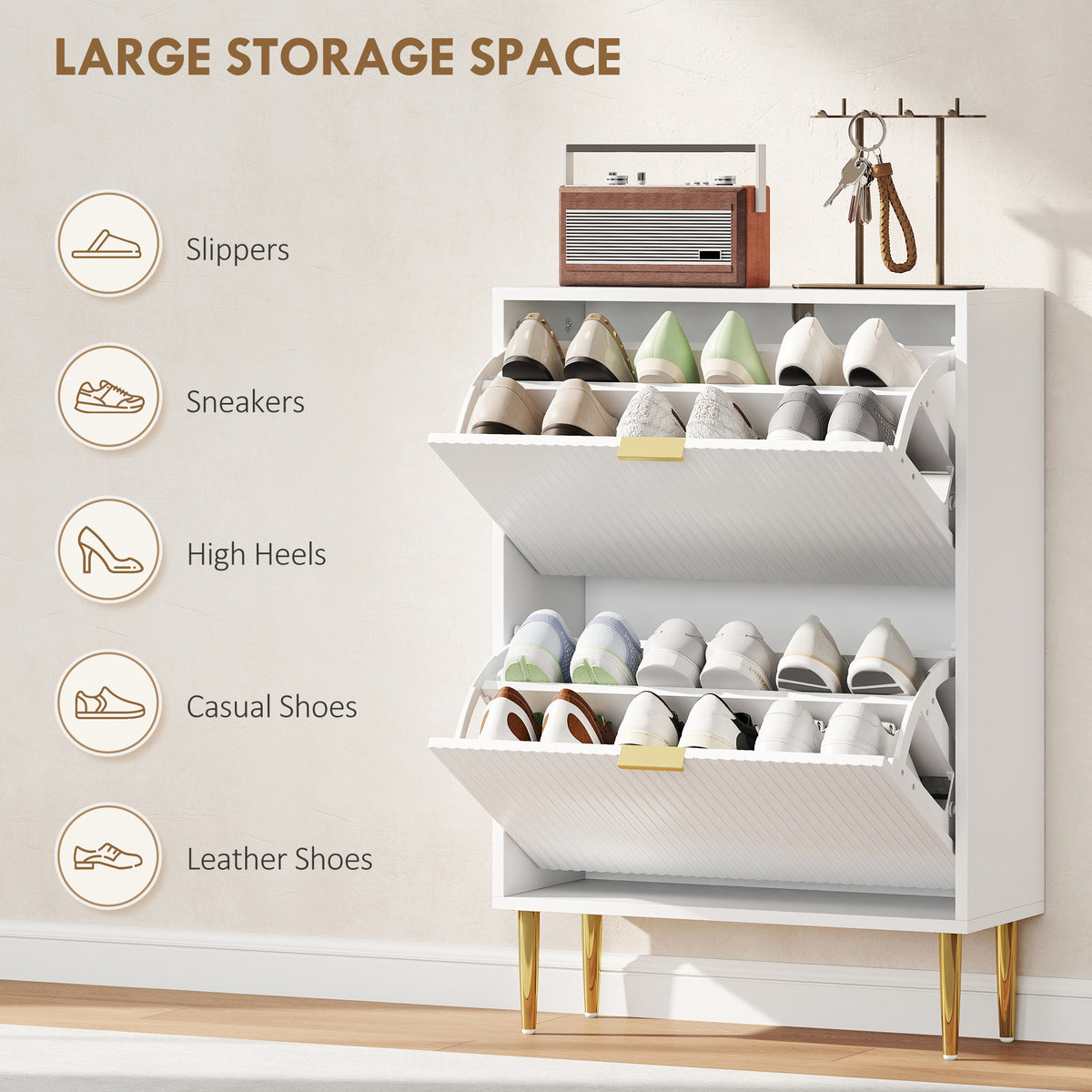 Wooden Shoe Storage Cabinet 60cm Wide With 2 Flip Doors And Gold Legs - Velmora