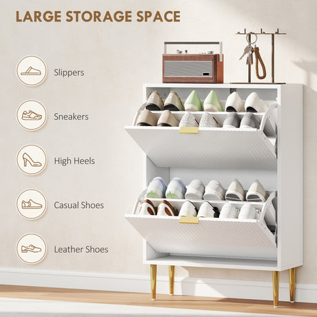 Wooden Shoe Storage Cabinet 60cm Wide With 2 Flip Doors And Gold Legs - Velmora
