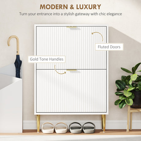 Wooden Shoe Storage Cabinet 60cm Wide With 2 Flip Doors And Gold Legs - Velmora