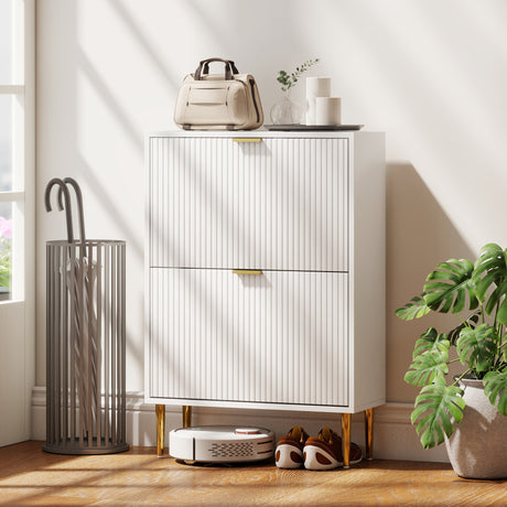 Wooden Shoe Storage Cabinet 60cm Wide With 2 Flip Doors And Gold Legs - Velmora