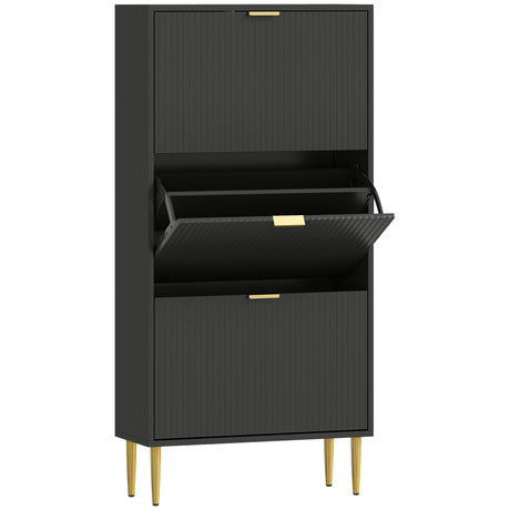 Wooden Shoe Storage Cabinet 60cm Wide With 3 Flip Doors And Gold Legs - Velmora