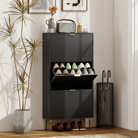 Wooden Shoe Storage Cabinet 60cm Wide With 3 Flip Doors And Gold Legs - Velmora