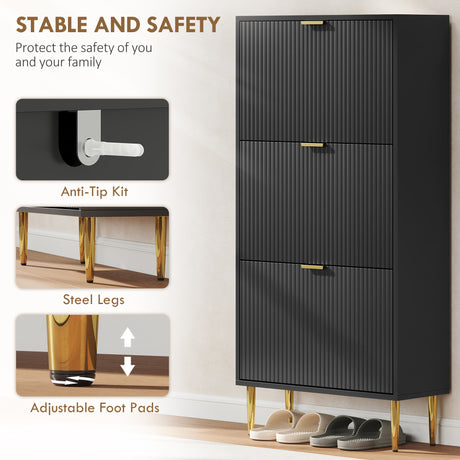 Wooden Shoe Storage Cabinet 60cm Wide With 3 Flip Doors And Gold Legs - Velmora