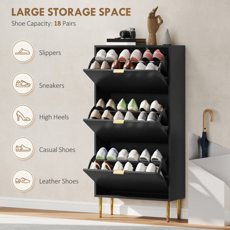 Wooden Shoe Storage Cabinet 60cm Wide With 3 Flip Doors And Gold Legs - Velmora