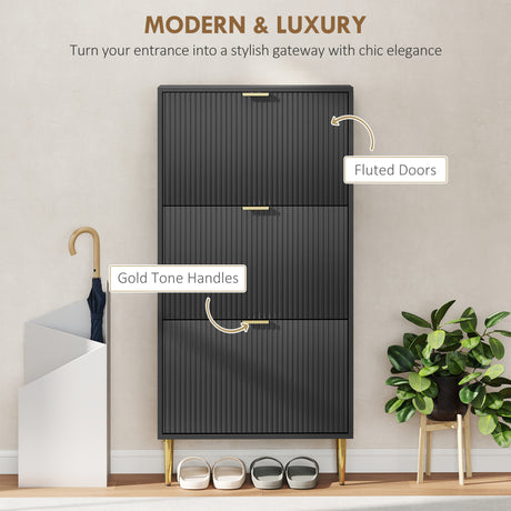 Wooden Shoe Storage Cabinet 60cm Wide With 3 Flip Doors And Gold Legs - Velmora