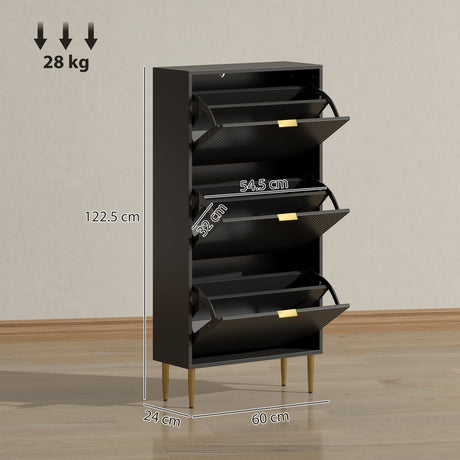 Wooden Shoe Storage Cabinet 60cm Wide With 3 Flip Doors And Gold Legs - Velmora