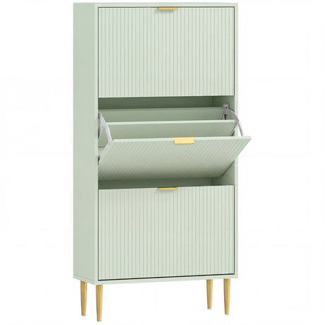 Wooden Shoe Storage Cabinet 60cm Wide With 3 Flip Doors And Gold Legs - Velmora