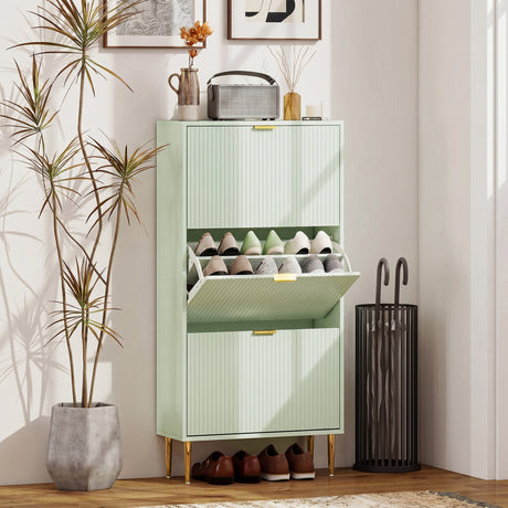 Wooden Shoe Storage Cabinet 60cm Wide With 3 Flip Doors And Gold Legs - Velmora