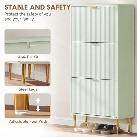 Wooden Shoe Storage Cabinet 60cm Wide With 3 Flip Doors And Gold Legs - Velmora