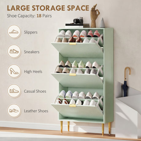 Wooden Shoe Storage Cabinet 60cm Wide With 3 Flip Doors And Gold Legs - Velmora