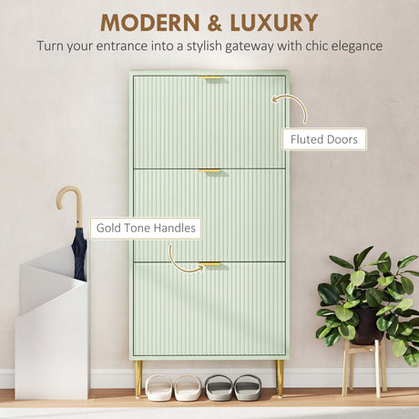 Wooden Shoe Storage Cabinet 60cm Wide With 3 Flip Doors And Gold Legs - Velmora