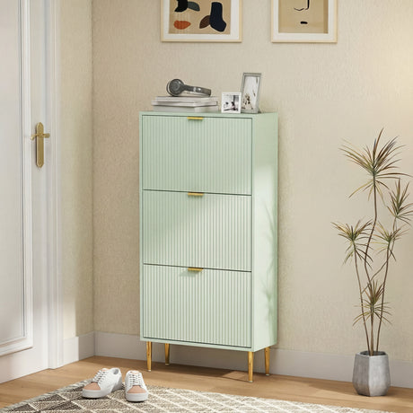 Wooden Shoe Storage Cabinet 60cm Wide With 3 Flip Doors And Gold Legs - Velmora