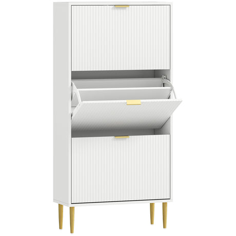 Wooden Shoe Storage Cabinet 60cm Wide With 3 Flip Doors And Gold Legs - Velmora