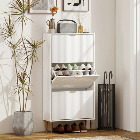 Wooden Shoe Storage Cabinet 60cm Wide With 3 Flip Doors And Gold Legs - Velmora