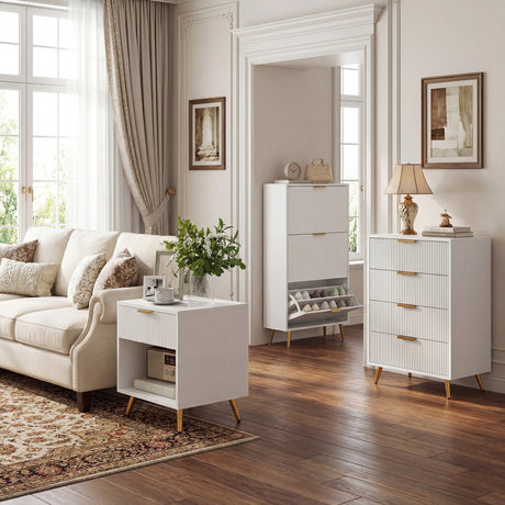 Wooden Shoe Storage Cabinet 60cm Wide With 3 Flip Doors And Gold Legs - Velmora