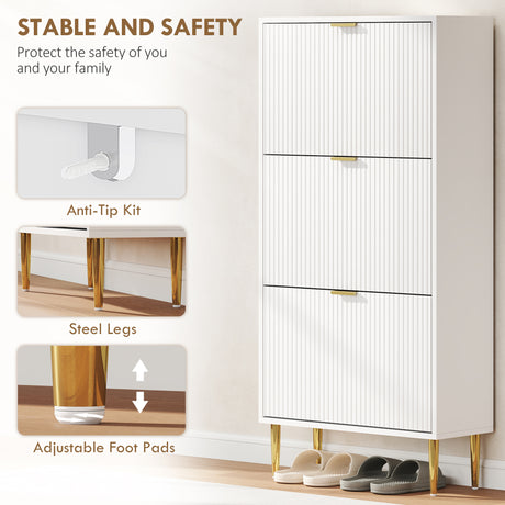 Wooden Shoe Storage Cabinet 60cm Wide With 3 Flip Doors And Gold Legs - Velmora