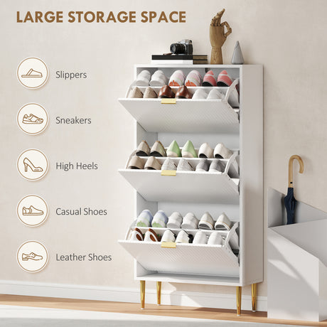 Wooden Shoe Storage Cabinet 60cm Wide With 3 Flip Doors And Gold Legs - Velmora