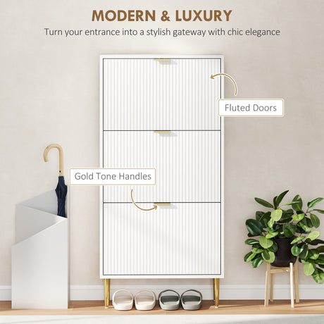 Wooden Shoe Storage Cabinet 60cm Wide With 3 Flip Doors And Gold Legs - Velmora