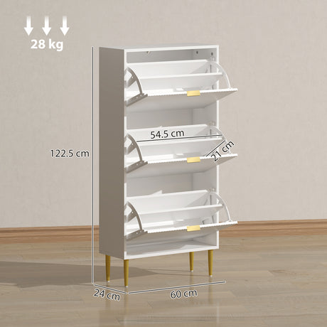 Wooden Shoe Storage Cabinet 60cm Wide With 3 Flip Doors And Gold Legs - Velmora