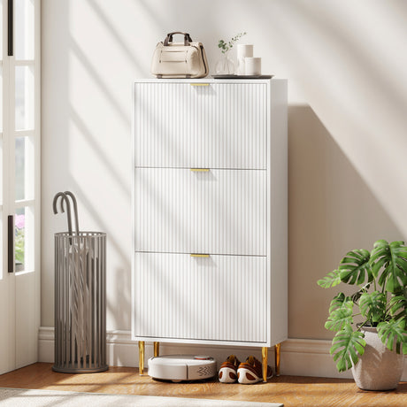 Wooden Shoe Storage Cabinet 60cm Wide With 3 Flip Doors And Gold Legs - Velmora